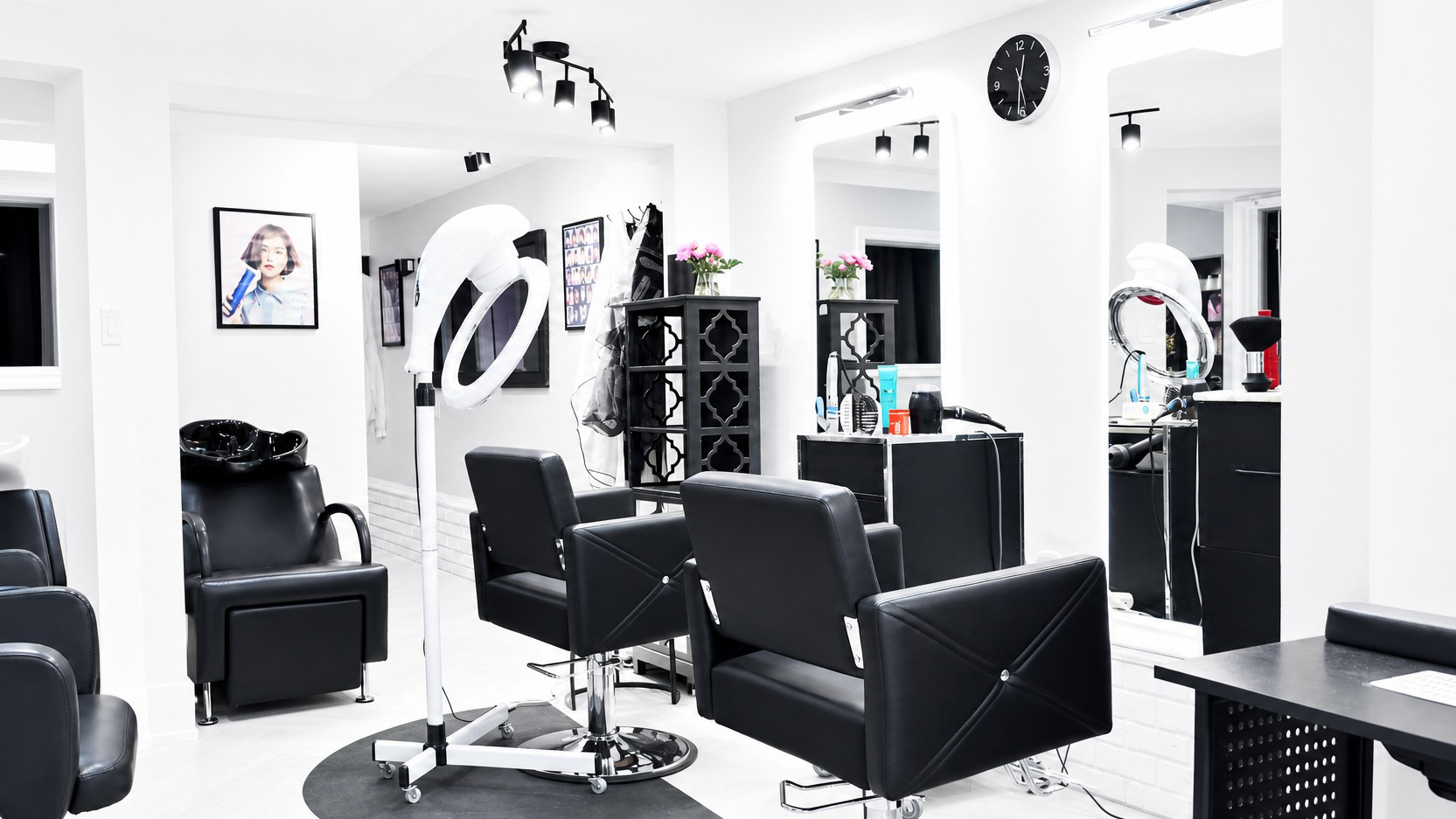 Inside Studio 21 — black salon chairs, ring light and mirrors in a bright white room.
